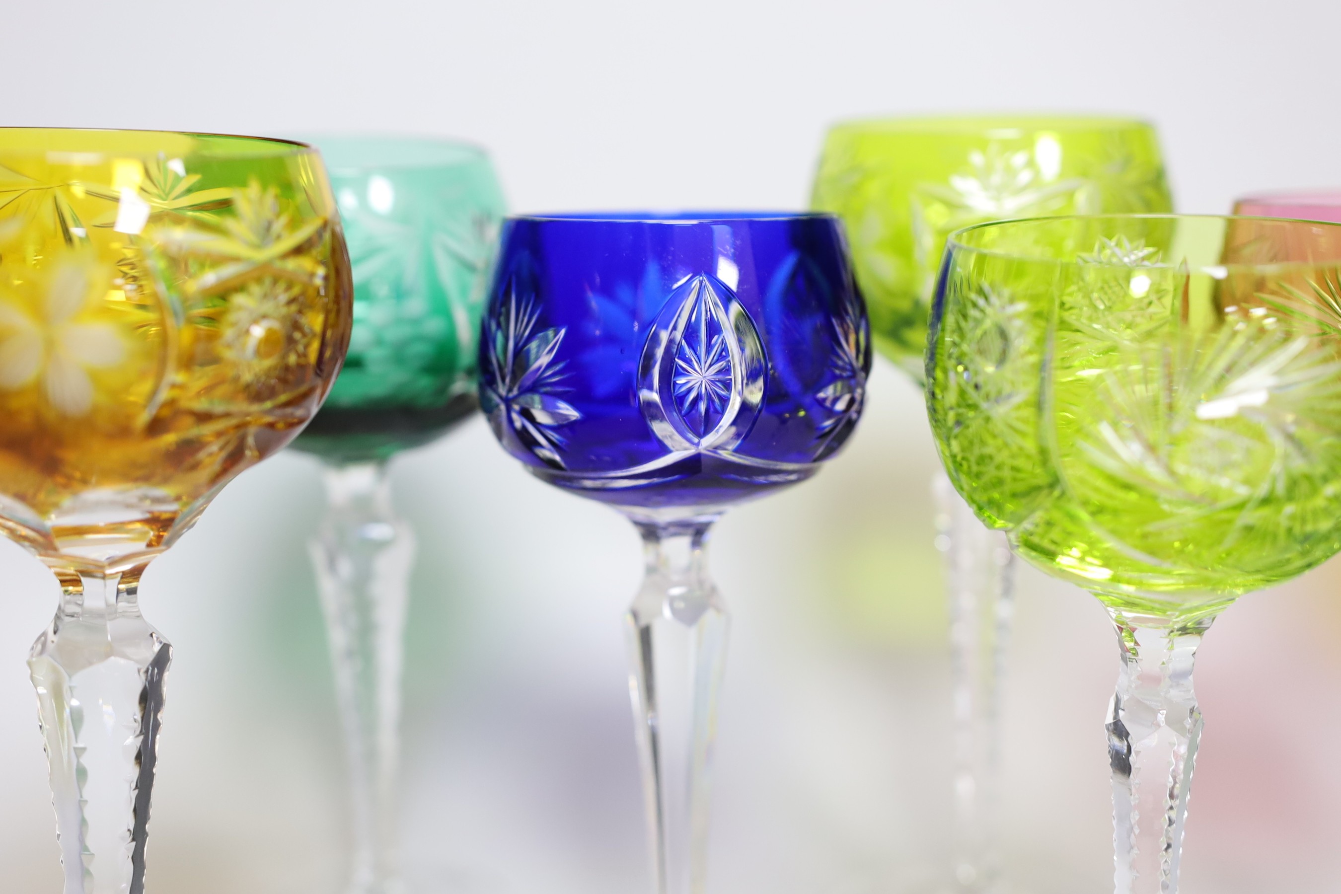 Eight coloured hock glasses